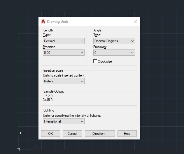 ตั้ง unit พิมพ์ units แล้วตั้ง Precition เป็น ทศนิยม 2 ตำแหน่ง ตั้ง insertion scale เป็น Meters