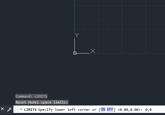 พิมพ์ LIMITS แล้วกด Enter ระบุมุมล่างซ้าย (ค่าเริ่มต้นคือ 0,0) กด Enter