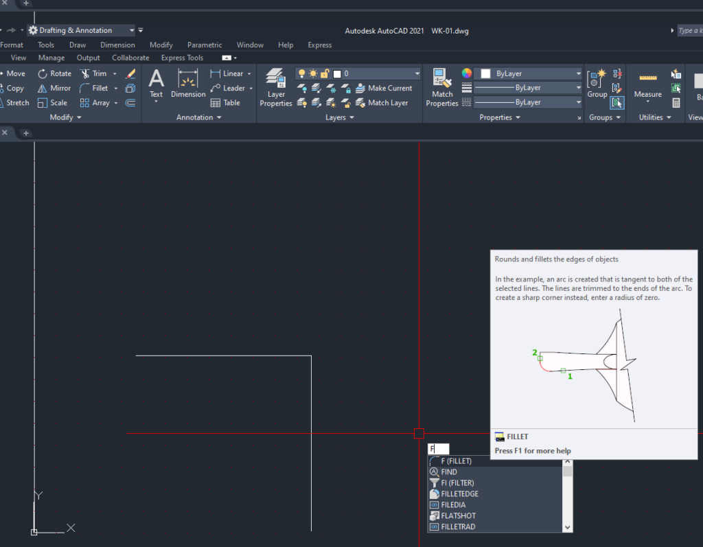 1. พิมพ์ F แล้วกด Enter หรือ Space bar (หรือคลิกไอคอน Fillet ในแถบ Modify)