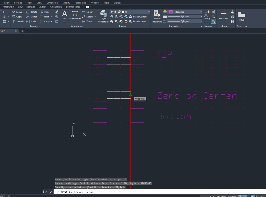4. เมื่อลากจากจุดตรงกลางของเสา จะเกิดเส้น mline ใน justifications แบบ top zero bottom ดังนี้